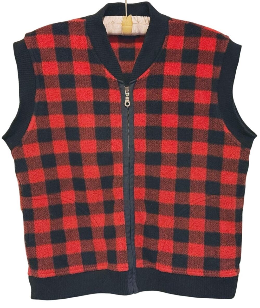 Vintage 90s Mens Buffalo Plaid Full Zip Sweater Vest Size Large Red Lumberjack